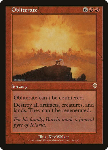 Magic: The Gathering Obliterate card from Invasion featuring Kev Walker art of a massive fiery explosion.