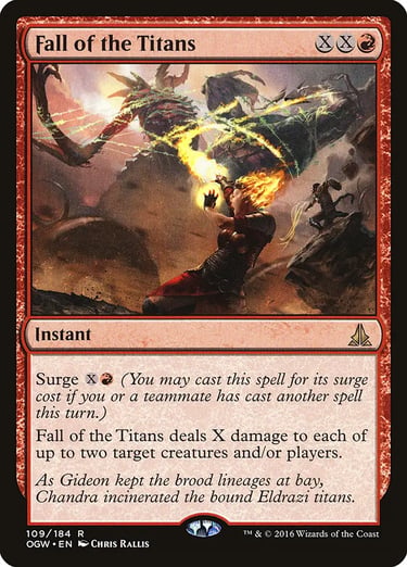 Fall of the Titans Magic: The Gathering card featuring Chandra Nalaar blasting Eldrazi with fire.