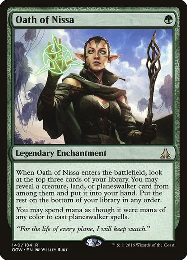 Magic: The Gathering Oath of Nissa card featuring elf planeswalker Nissa Revane with green energy and a staff.