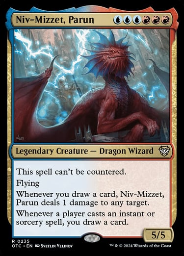 Niv-Mizzet, Parun Magic: The Gathering card featuring a red dragon wizard and blue lightning.