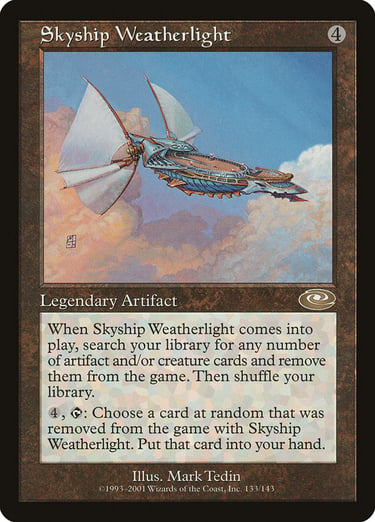 Skyship Weatherlight legendary artifact card from Magic The Gathering with flying ship artwork.