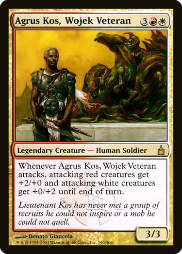 Magic: The Gathering card for Agrus Kos, Wojek Veteran featuring a human soldier with a sword.