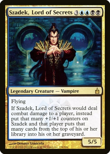 Szadek, Lord of Secrets Magic: The Gathering card featuring a blue and black vampire legendary creature.