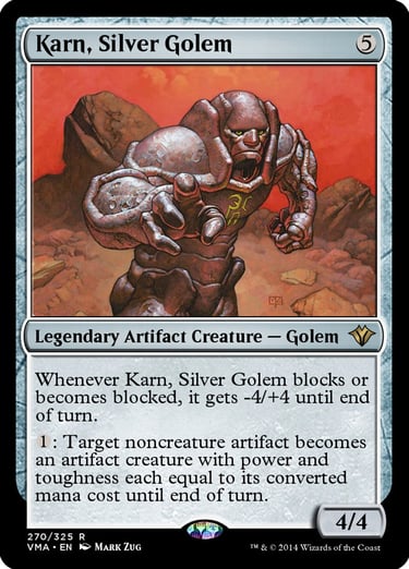 Karn, Silver Golem Magic the Gathering card featuring a powerful legendary artifact creature against a red desert backdrop.