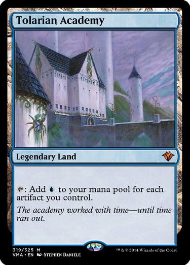 Tolarian Academy Legendary Land card from Magic The Gathering showing a white castle academy.