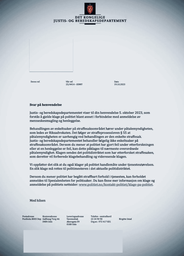Document from Ministry of Justice Public Security about Zainab Abdulkarim and the Oslo Police