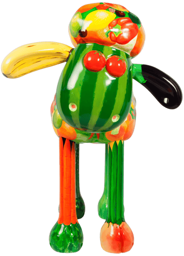 A large street sculpture of Shaun the Sheep painted with fruit and veg by Laura Fearn