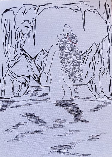 Dibujo de una xana, un espíritu asturiano, bañándose dentro de una cueva. Hecho por Óscar Ocaña Parrón