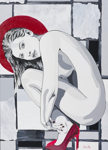 Couleurs : rouges, gris, noir et blancs. Cette œuvre représente une femme nue, vue de profil gauche