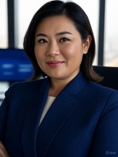 a woman in a blue suit and white shirt