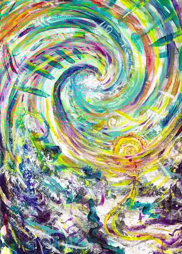 peinture acrylique aux couleurs vives représentant un paysage montagneux enneigé au style psychédélique et abstrait