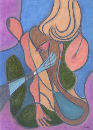 Blue Dragon — stylised figure with paddle-like hand, pastel in blue, green and peach, by Zanda
