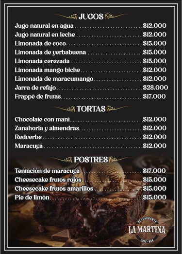 jugos, tortas, postres,  Menú Restaurante La Matrina en Salento Quidío