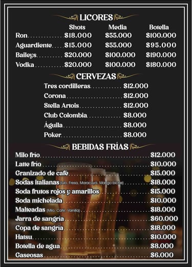 Licores, cervesas, bebidas frias,   Menú Restaurante La Matrina en Salento Quidío
