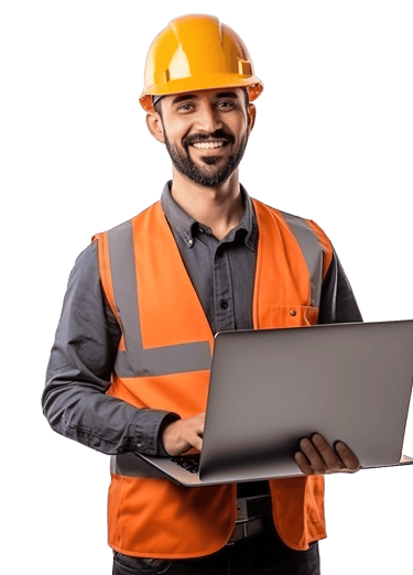 Smiling construction worker in an orange safety vest and hard hat holding a laptop.