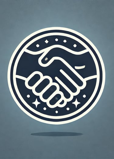 A handshake icon on a blue and grey background