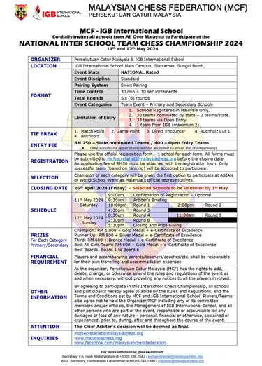 Malaysia Chess MCF – IGBIS National Inter School Team Chess Championship 2024