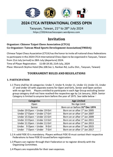 2024 CTCA International Chess Open. Taiwan Chess.  西洋棋