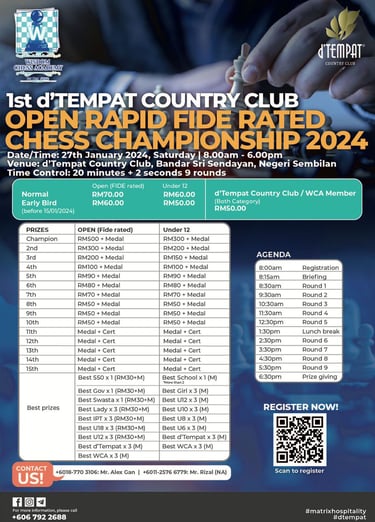 Malaysia Chess. Catur. 1st d'Tempat Country Club Open Rapid Fide Rated Chess Championship 2024