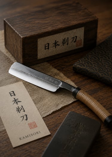 A traditional Japanese Kamisori straight razor with a wrapped handle, displayed with its wooden storage box.
