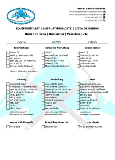 Equipment List Hiking Ecuador