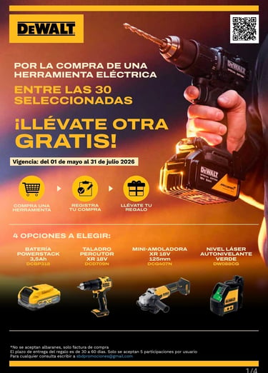 Promoción DeWALT 2026: Por la compra de una herramienta seleccionada, llévate otra gratis. Incluye o