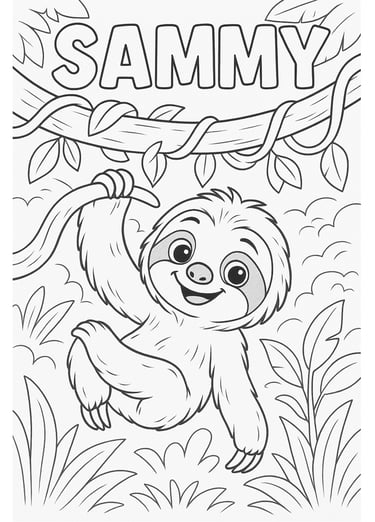 Sammy the Sloth colouring page - free jungle printable for kids