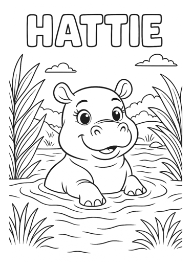 Hattie the Hippo colouring page - free jungle printable for kids