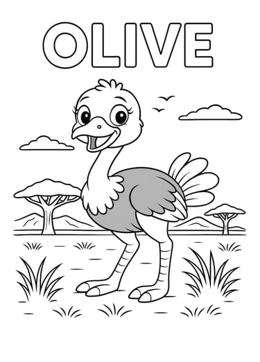 Olive the Ostrich colouring page - free jungle printable for kids