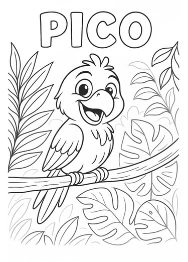 Pico the Parrot colouring page – free jungle printable for kids