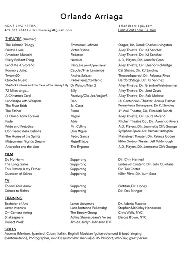 image of Orlando Arriaga actor resume. Latinx/Hispanic actor resume 