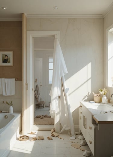 A bright, minimal bathroom in the process of being styled, partially organized space with some items