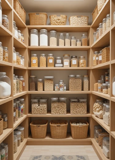 A walk-in pantry with clear airtight containers filled with flour,