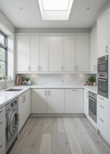 A contemporary laundry room with flat-panel handleless cabinets in matte white finish