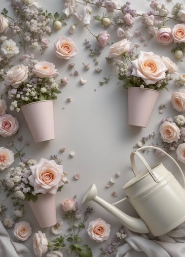 Flat lay and garden scene blend featuring pastel garden elements, blush pink, ivory, lavender,