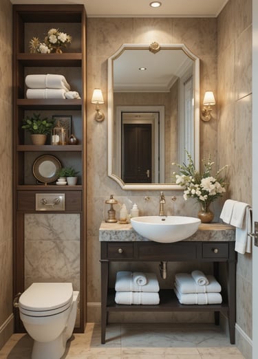Stylish designer-curated tiny bathroom setup, focus on vertical storage shelves, floating shelves wi