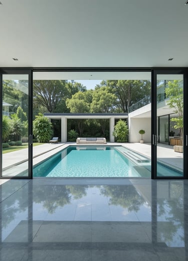 A sleek, modern pool house with floor-to-ceiling glass doors slid wide open