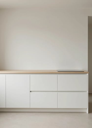 Minimal small kitchen with clean countertops, neutral tones, white and beige palette, simple layout,