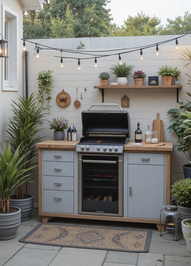A compact outdoor kitchen setup in a small patio space, featuring a portable grill, small wooden pre