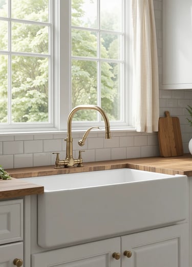 A close-up of a white apron-front farmhouse sink set into a wooden countertop