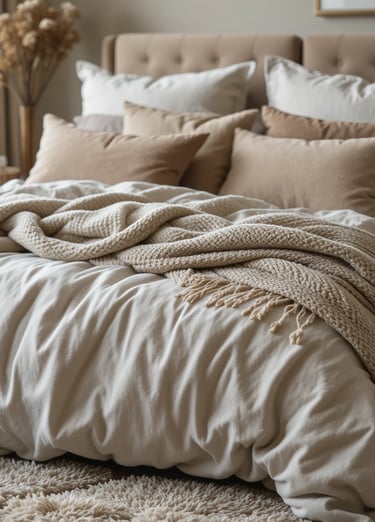 A close-up of a cozy bed featuring layered linen bedding