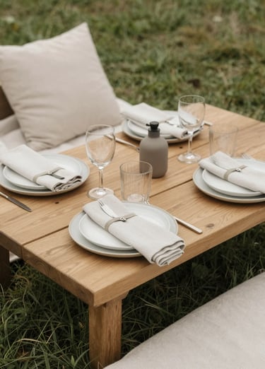 Aesthetic boho picnic setup on grass with a low wooden table styled with neutral ceramic plates