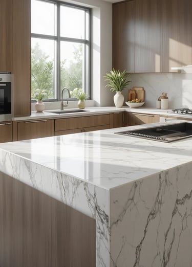 A minimalist kitchen with a sleek quartz countertop featuring a waterfall edge design