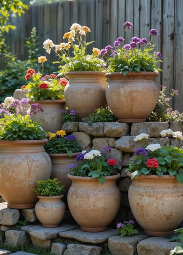 Designer-style garden composition with multiple distressed clay pots in different sizes arranged in 