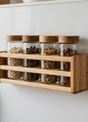 Close-up of magnetic wooden spice rack attached to fridge, neatly arranged spice jars