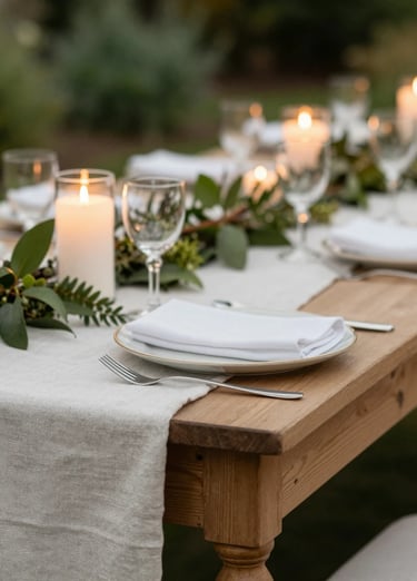 Layered outdoor garden party scene showing textures like linen tablecloth, wooden table