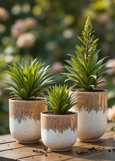 Stylish garden arrangement showing simple green plants elevated in elegant distressed clay pots