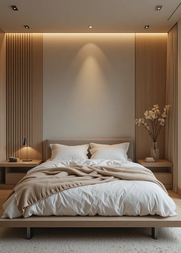 A tiny cozy bedroom with a low platform bed, soft layered bedding,