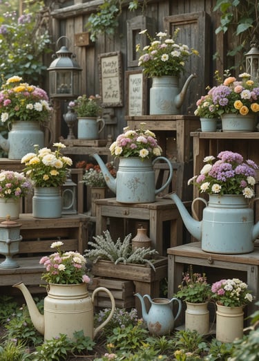 Creative vintage garden decor scene with repurposed items, old watering cans used as planters