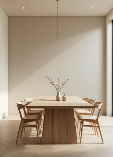 Minimal dining room with natural wooden table, neutral beige walls, simple chairs, clean uncluttered
